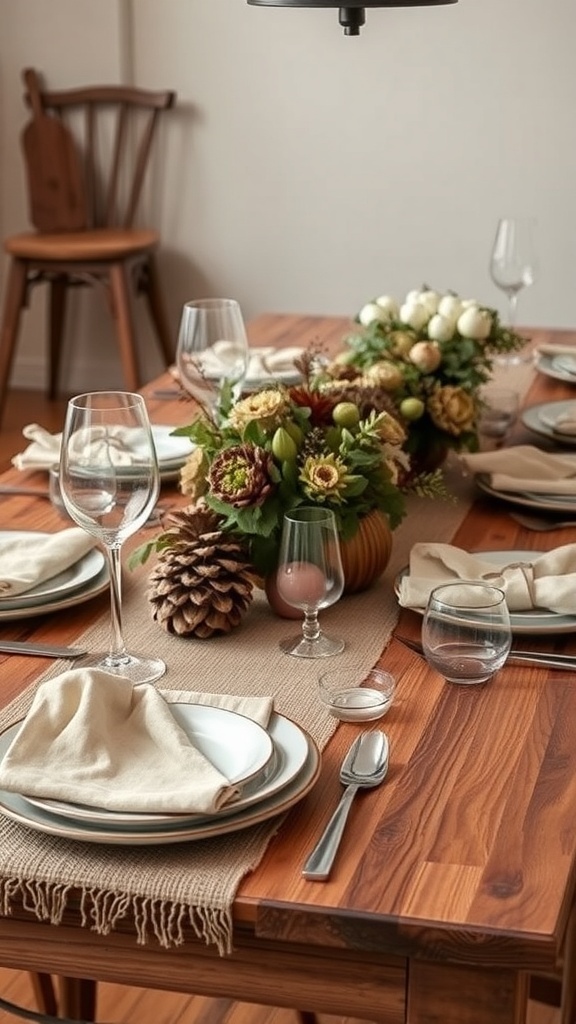 A beautifully set Thanksgiving table featuring layered neutrals, seasonal florals, pinecones, and pumpkins.