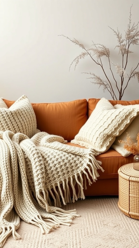 A cozy living room scene featuring a warm orange sofa with layered neutral throw blankets and pillows, complemented by dried flowers.