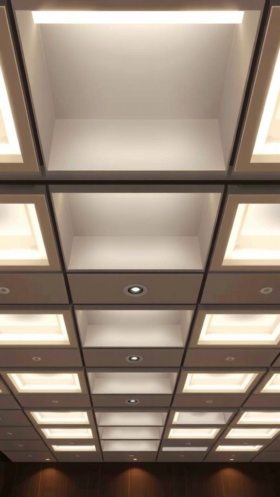 Layered panel ceiling with multi-level lighting design featuring illuminated boxes