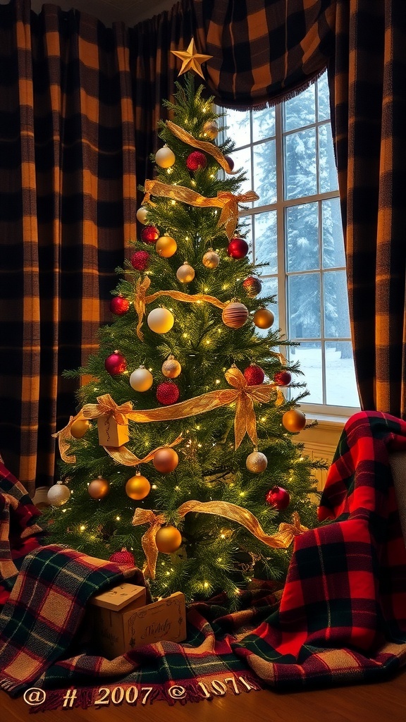 A cozy living room with a Christmas tree decorated with ornaments and layered plaid blankets on the floor.