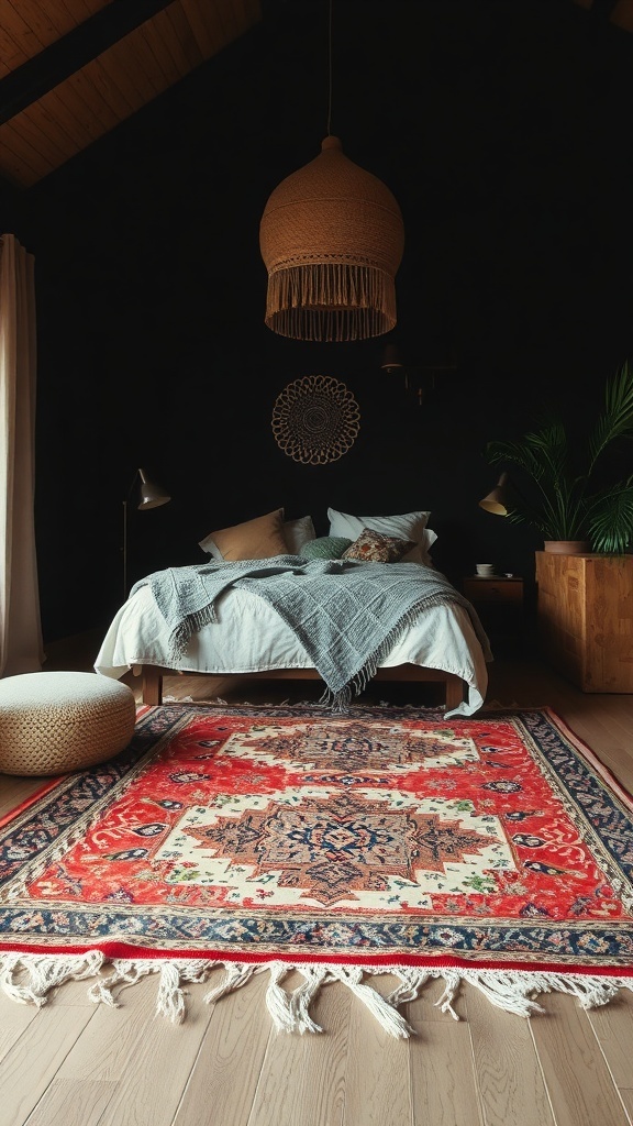 A cozy dark boho bedroom featuring a layered rug with vibrant patterns, a bed with soft bedding, and warm lighting.