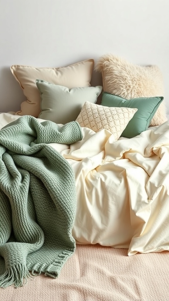 Layered bedding with sage green and cream colors, featuring various pillows and a textured blanket.