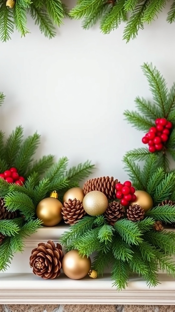 A beautifully decorated fireplace mantel featuring greenery, pinecones, and gold ornaments for Christmas.