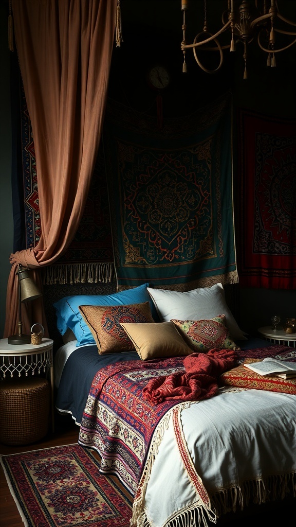 A cozy dark boho bedroom featuring layered textiles and tapestries, with a richly styled bed and decorative pillows.