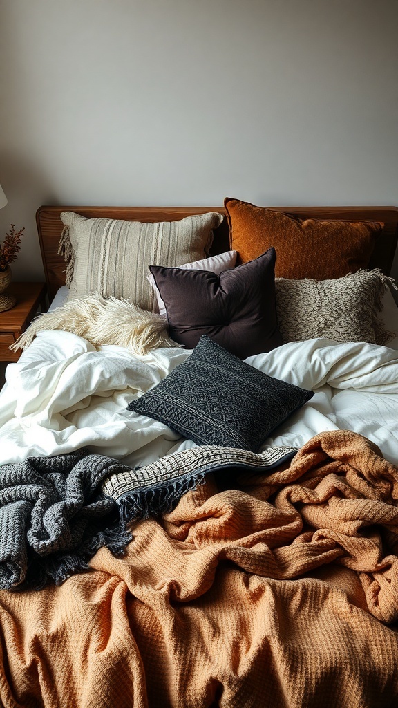 A cozy bed with layered textiles including pillows and blankets in warm colors.