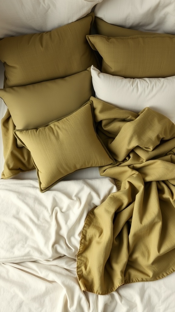 A cozy arrangement of olive green and white pillows and bedding, showcasing layered textiles for a comfortable bedroom.