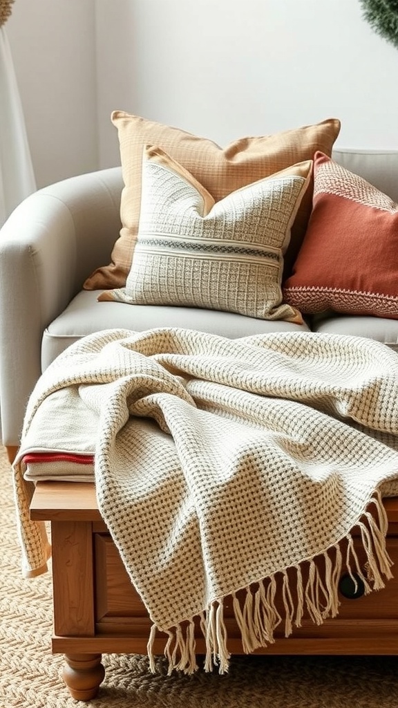 A cozy arrangement of pillows and a throw blanket on a coffee table, showcasing layered textiles for a comfortable holiday decor.