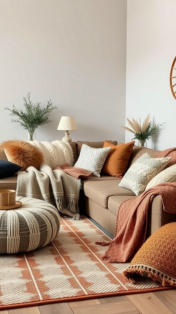 A cozy living room with layered textiles including pillows, throws, and a patterned rug.