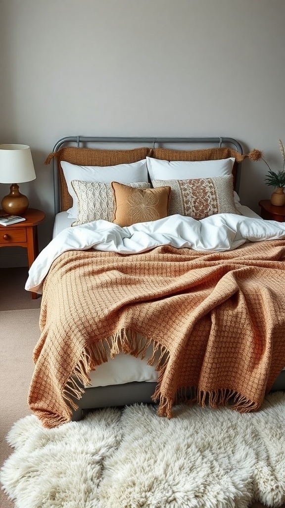 A cozy bedroom featuring a layered bed with an orange throw blanket, white bedding, and decorative pillows.