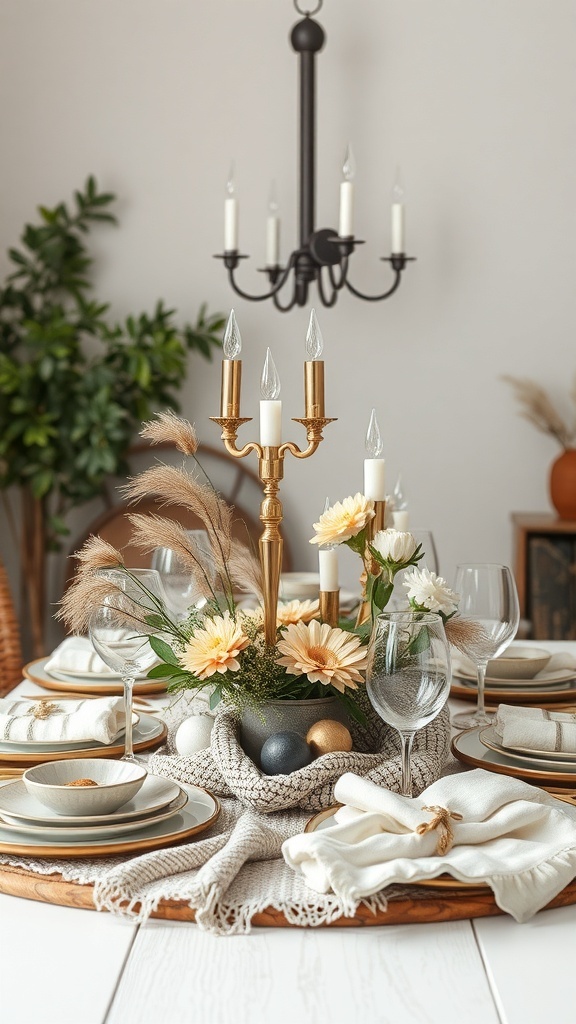 A beautifully styled dining table with layered textiles, decorative accents, flowers, and a candelabra.