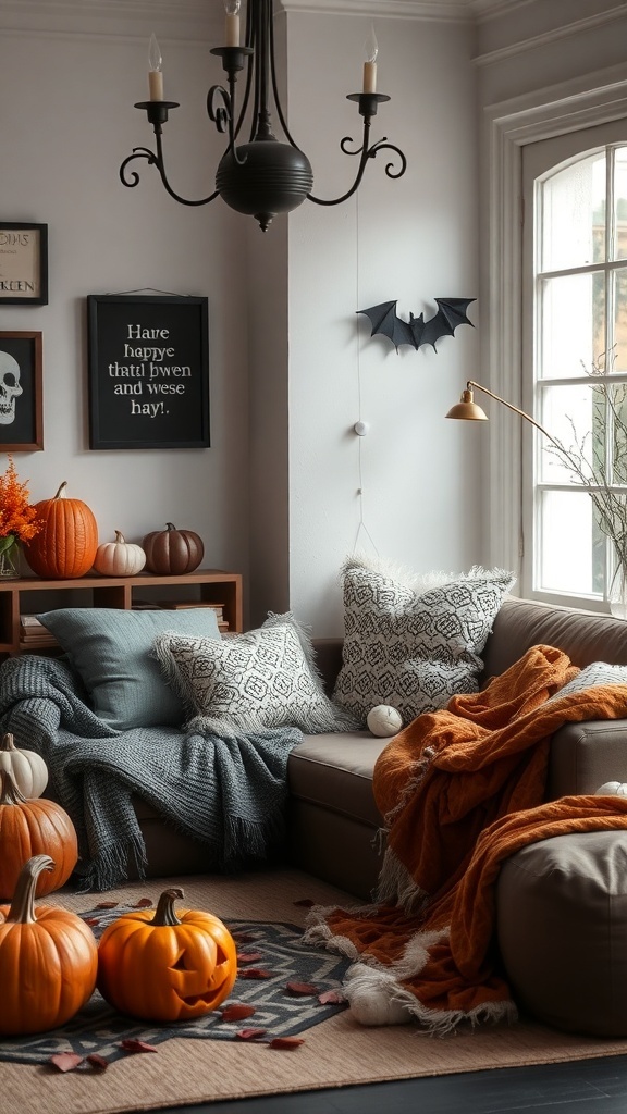 Cozy Halloween living room with layered textures, pumpkins, and warm decor