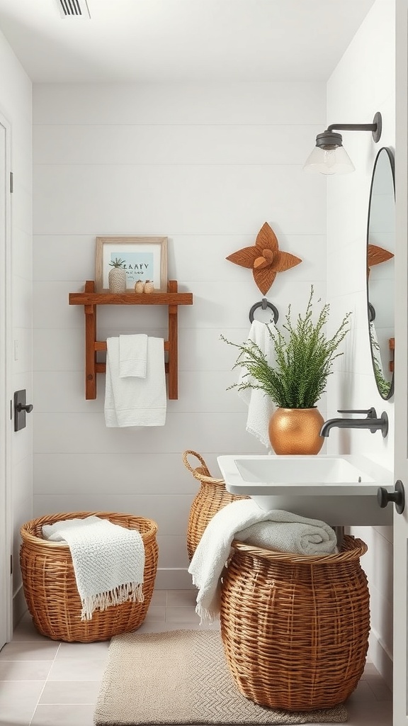 A calming bathroom with layered textures, featuring woven baskets, soft towels, and a plant in a copper pot.