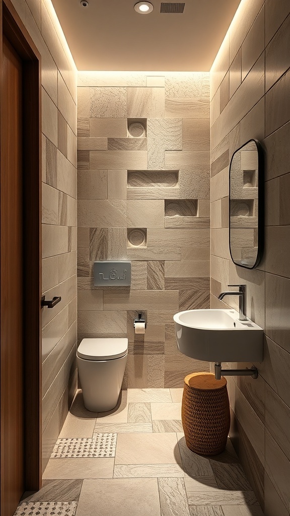 A small bathroom featuring a green tile wall, white tiles, a vessel sink, and natural wood accents.