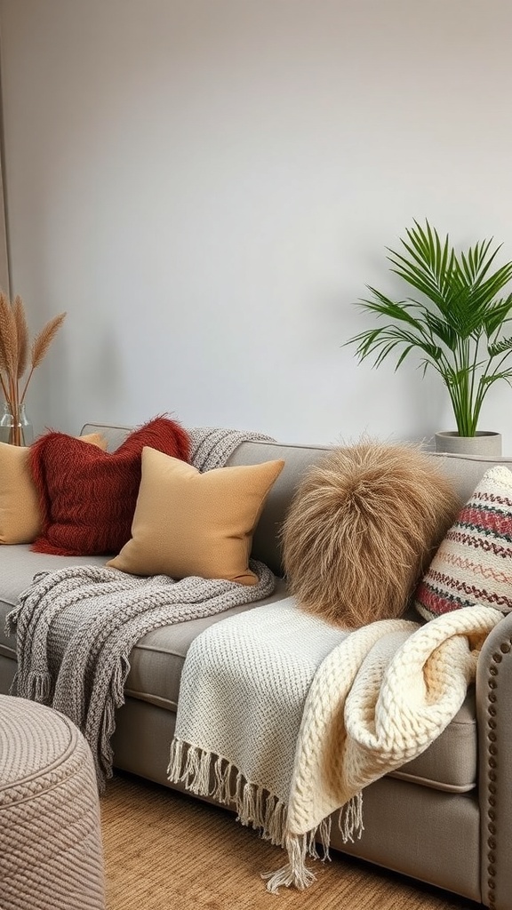 Cozy living room couch with layered textures, pillows, and a potted plant.