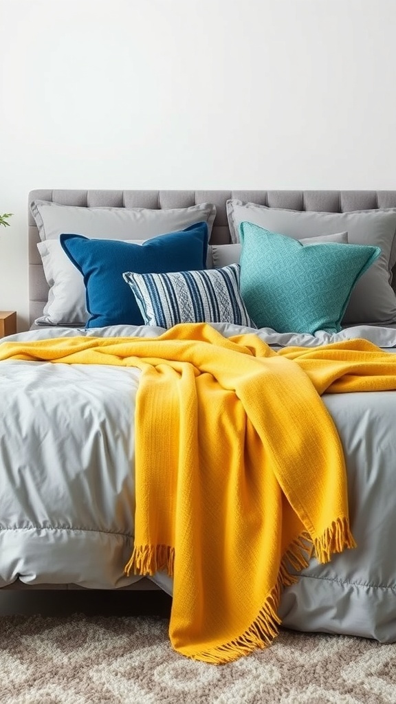A cozy bedroom with gray bedding, blue and teal pillows, and a bright yellow throw blanket.