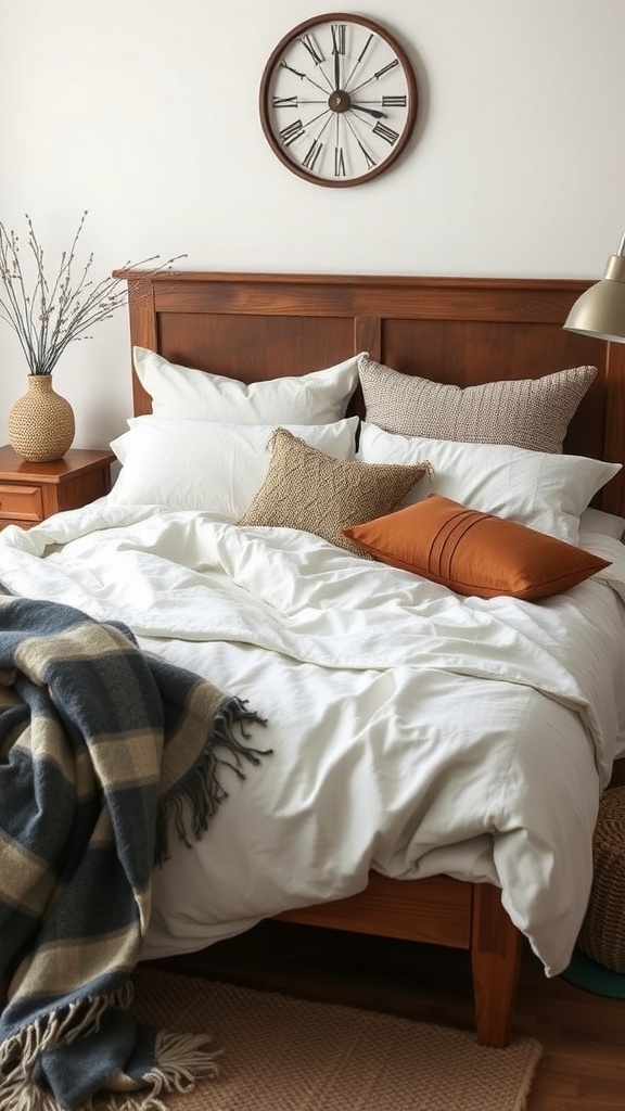 A cozy bedroom with layered textures, featuring white bedding, a plaid throw, and decorative pillows.
