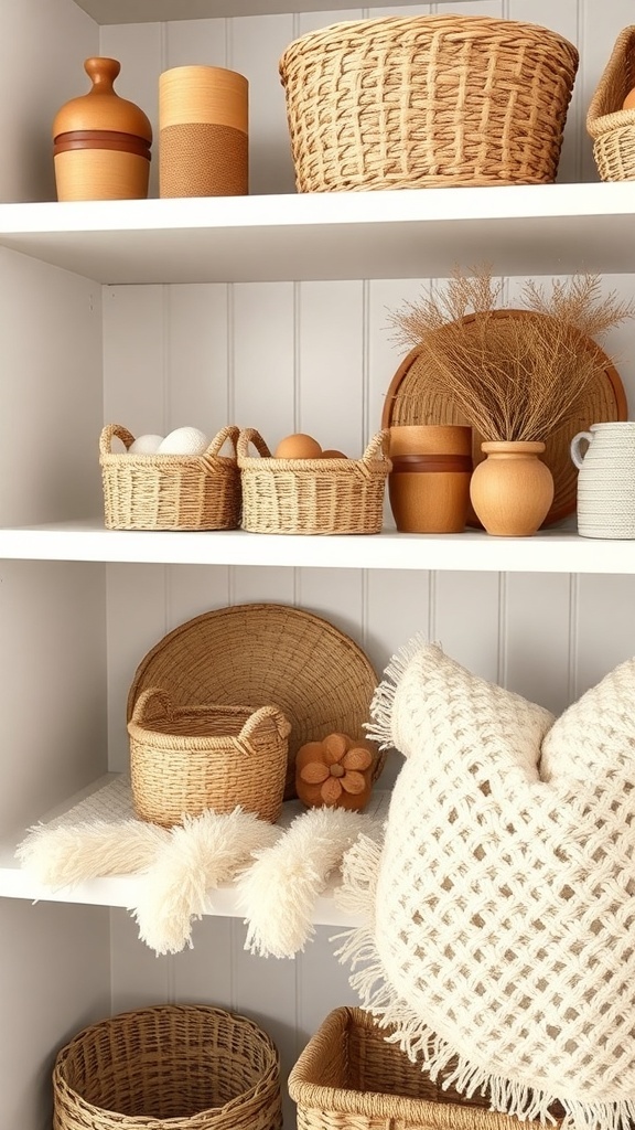 A shelf styled with layered textures, featuring woven baskets, ceramic vases, and a knitted throw.