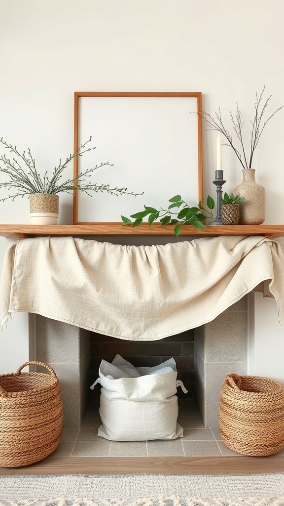 A beautifully decorated mantel with layered fabrics, greenery, and woven baskets.