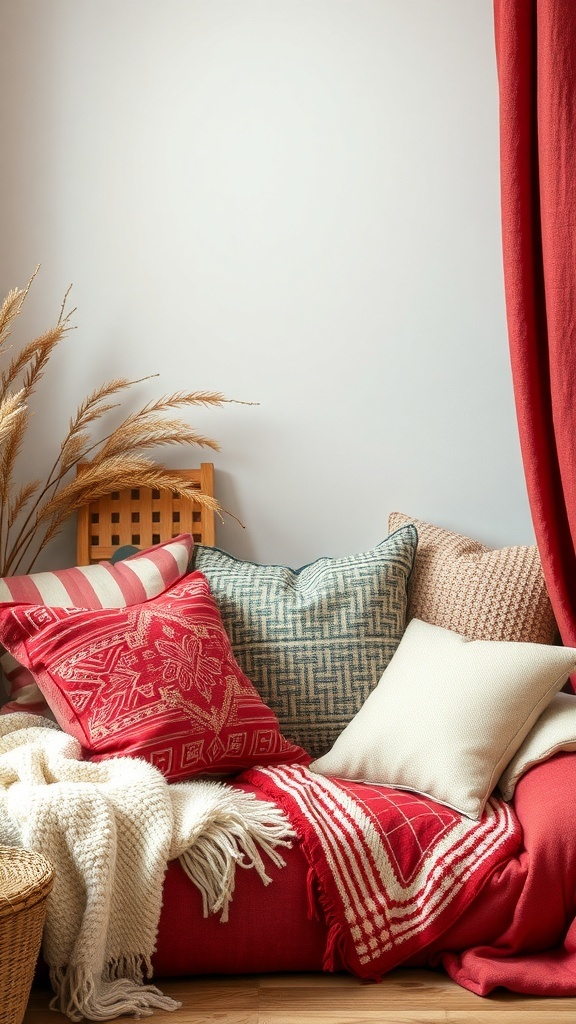 Cozy reading nook with layered pillows and a throw blanket