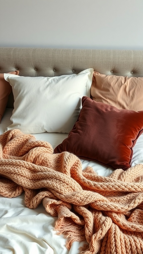 A cozy bed with layered pillows and a chunky knit throw in warm colors.