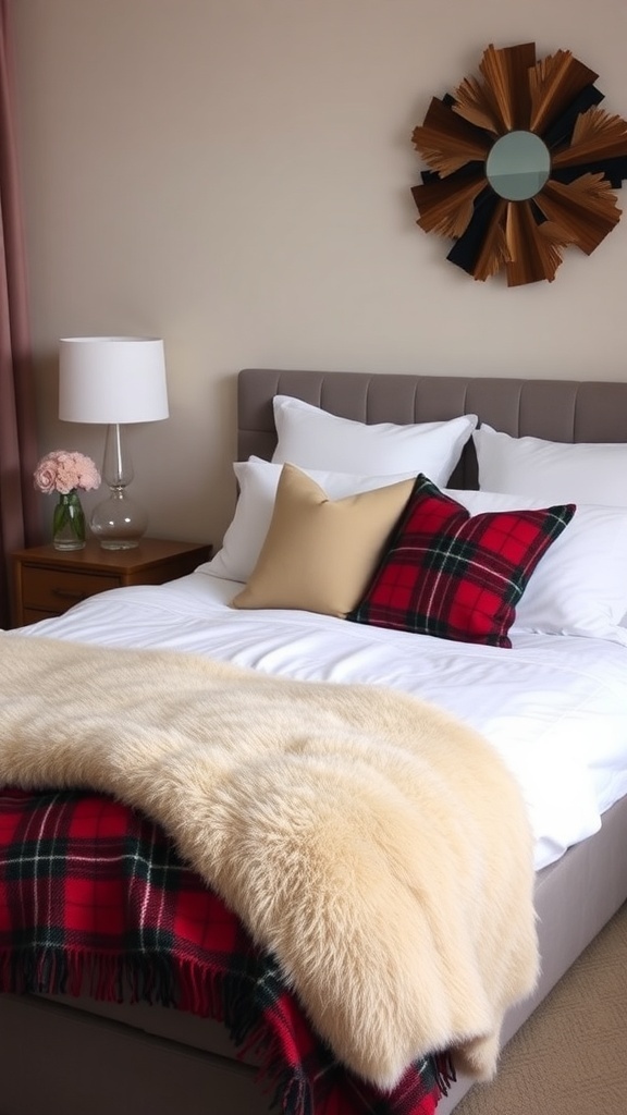 Cozy bedroom featuring layered throws at the foot of the bed, including a red and green plaid blanket and a fluffy faux fur throw.