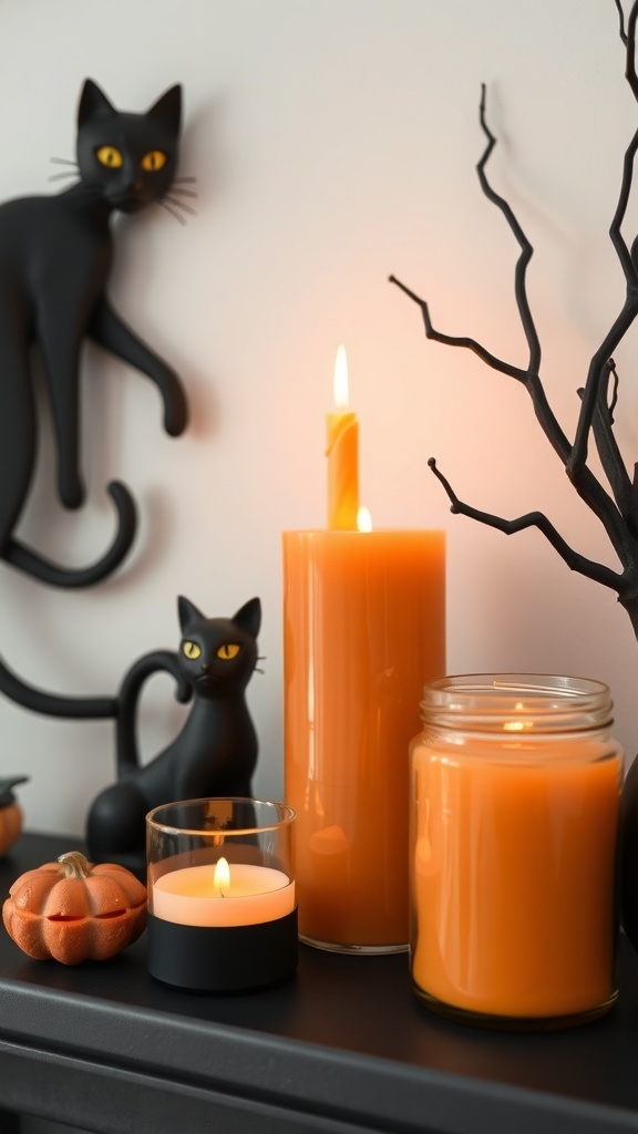 A display of layered wax cat candles in orange and black, with black cat figurines and a small pumpkin.
