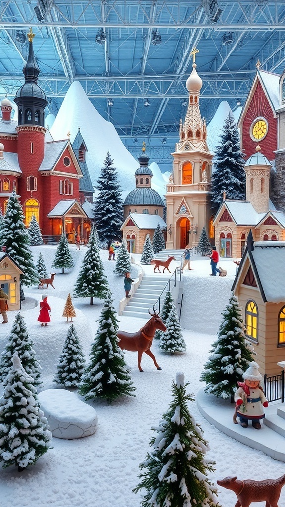 A layered winter wonderland scene with snowy churches, trees, and figurines.