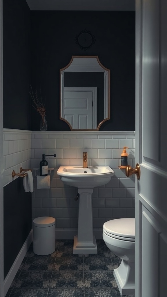 A moody powder room featuring dark walls, white tiles, and a vintage mirror.