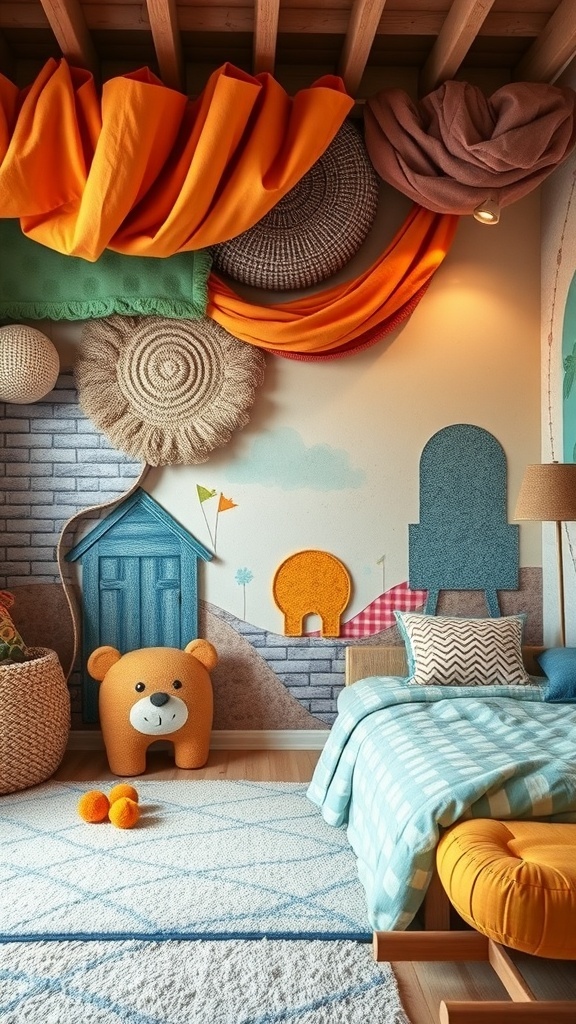 A colorful kids' bedroom featuring a mural with layered textures and vibrant colors.