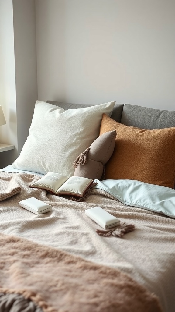 A neatly made bed with layered bedding, featuring soft pillows and a light blanket.