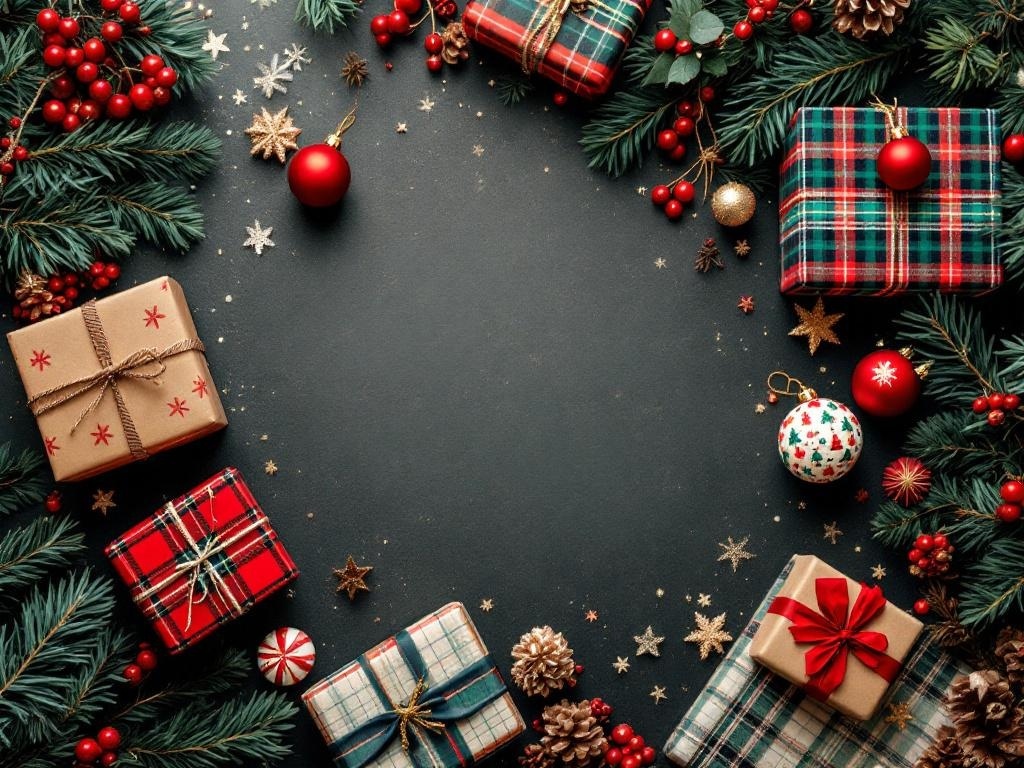 A festive arrangement of wrapped Christmas presents in various patterns, surrounded by greenery and ornaments.