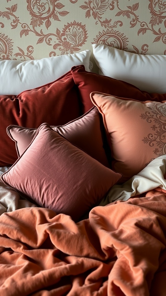 A cozy bed with layered plush pillows and blankets in warm tones.