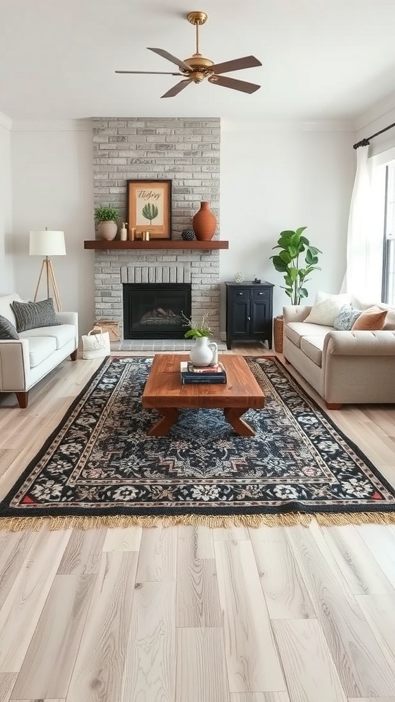A warm farmhouse living room featuring a layered rug over wooden flooring, with a cozy seating area and a fireplace.