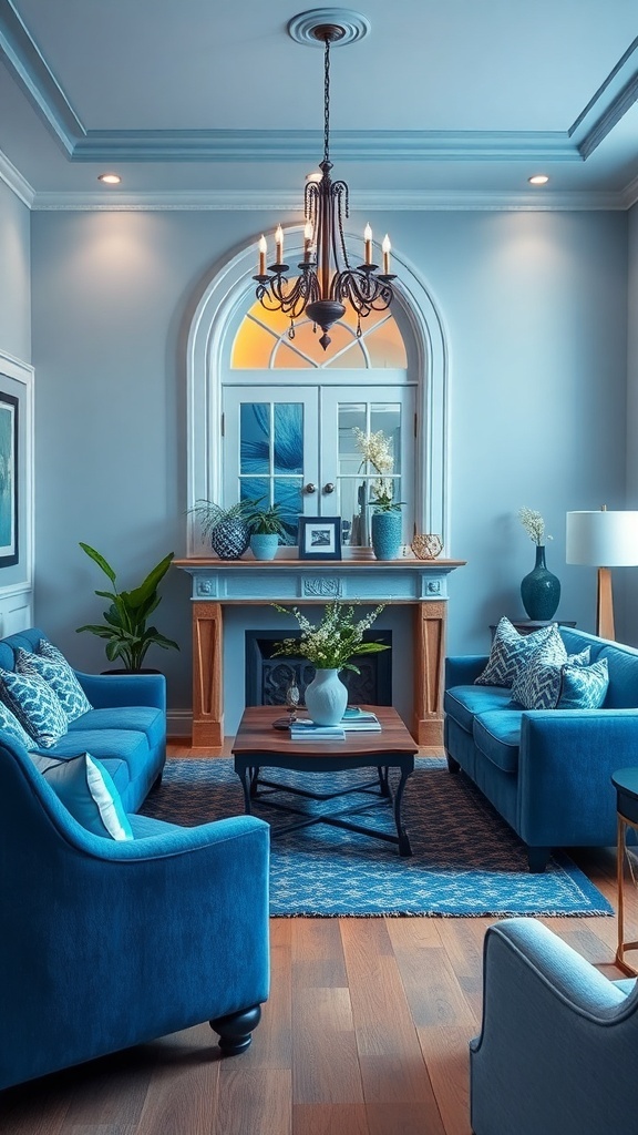 A cozy front room featuring layered shades of blue with light blue walls, deep blue sofas, and patterned pillows.