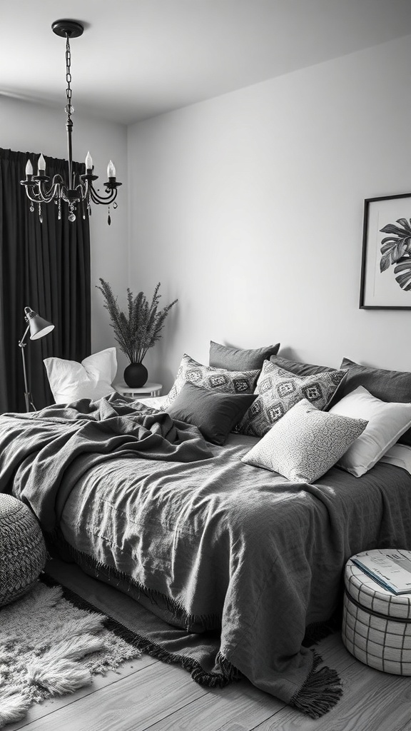 A stylish black and white bedroom with layered soft furnishings including pillows and a throw.