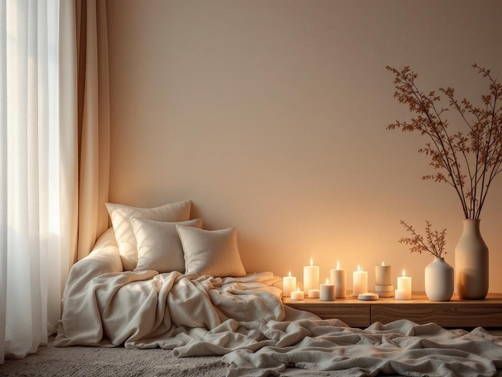 A cozy minimalist corner with soft lighting, featuring candles, pillows, and a blanket.