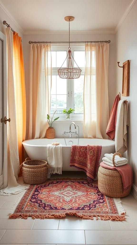 A cozy bathroom featuring layered textiles, warm curtains, a plush rug, and woven baskets.