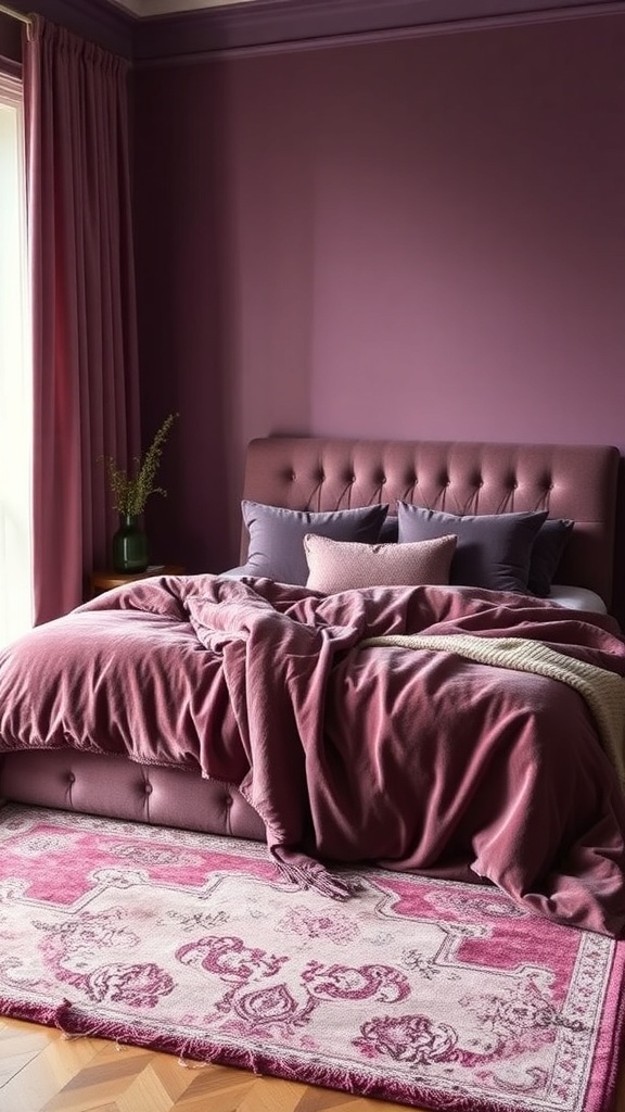 A cozy mauve bedroom featuring a mauve headboard, layered blankets, and a patterned rug.