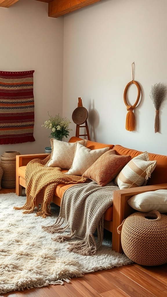 A cozy boho living room featuring an orange sofa with layered pillows and throws, a fluffy rug, and woven baskets.