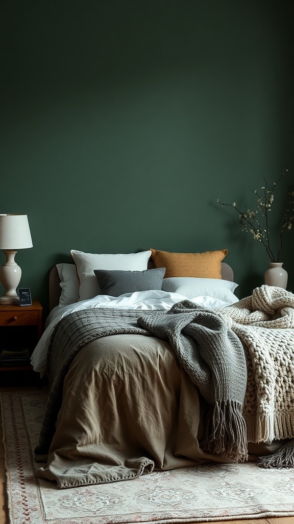 A cozy moody green bedroom featuring layered textures with various blankets and pillows.