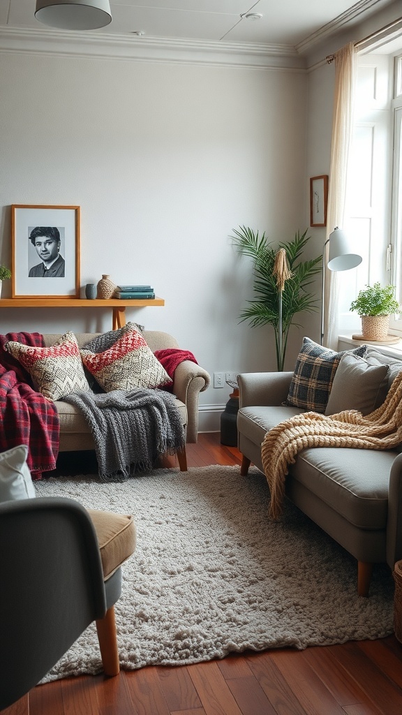 A cozy living room with layered textures, including throw blankets, pillows, and a fluffy rug.