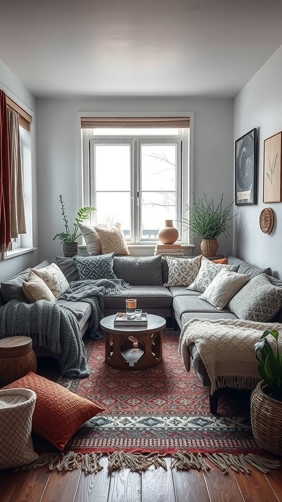 Cozy small living room with layered textures, including throws, cushions, and a patterned rug.