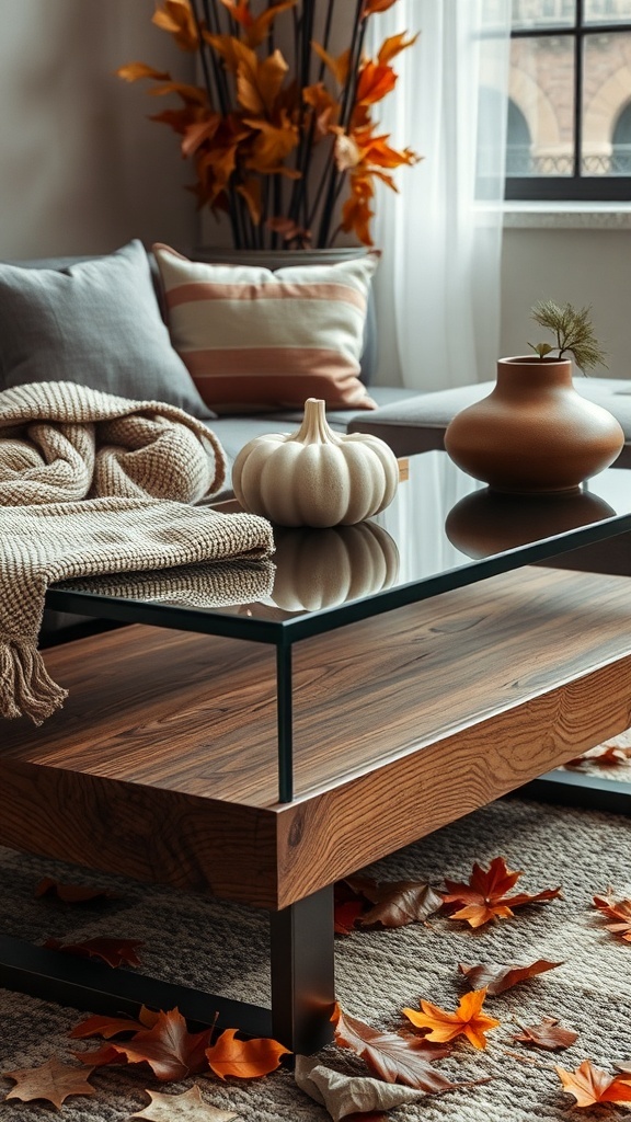 A cozy coffee table decorated with a white pumpkin, a terracotta vase, and a soft throw blanket.