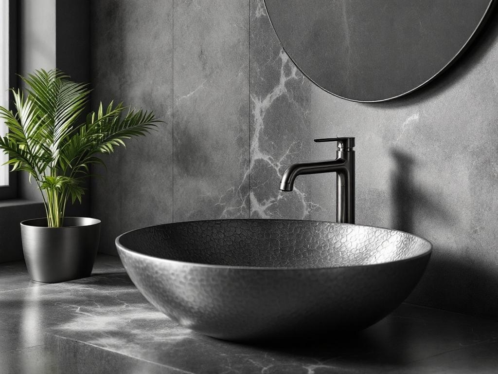 A modern bathroom featuring a black textured bowl sink, a sleek black faucet, and a green plant.