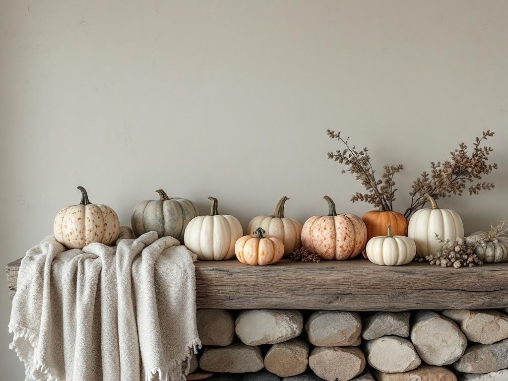 A beautifully arranged Halloween fireplace mantel featuring a variety of pumpkins and a cozy blanket.
