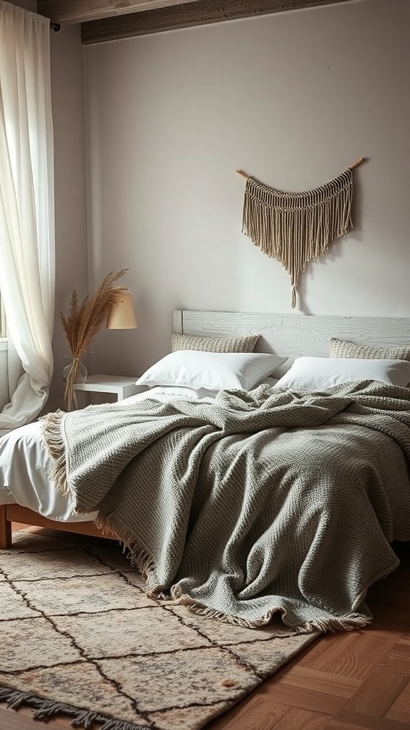 A cozy bedroom featuring a soft throw blanket on the bed and a patterned area rug on the floor, creating a warm and inviting atmosphere.