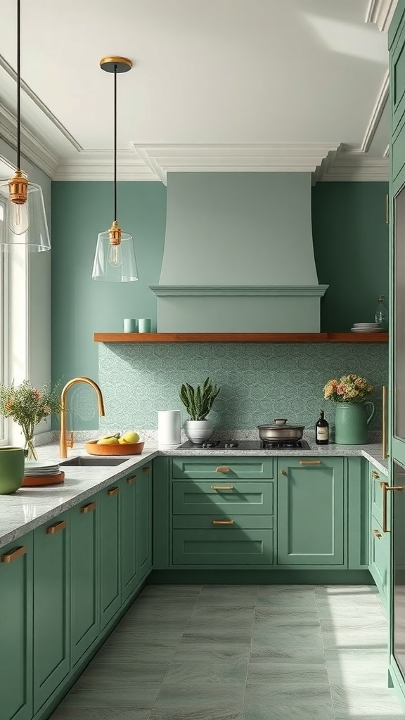 A modern kitchen featuring mint green cabinets, a darker green backsplash, and warm wood accents.