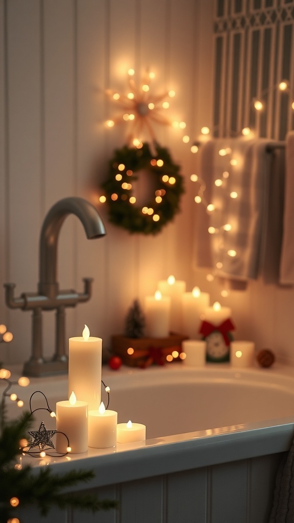 A cozy bathroom decorated with candles and fairy lights for Christmas