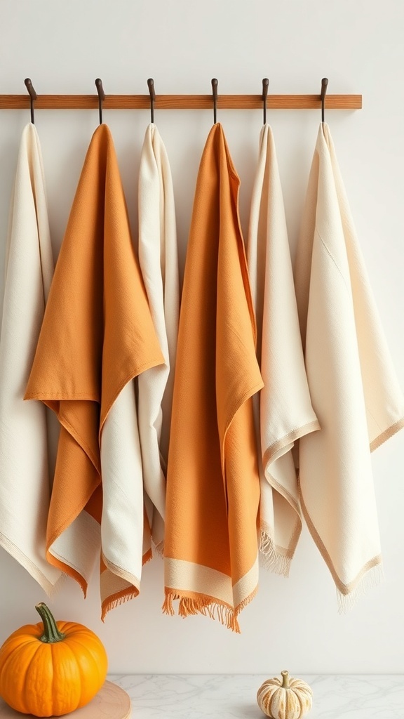 Pumpkin and neutral cotton towels hanging on a rack with pumpkins in the foreground