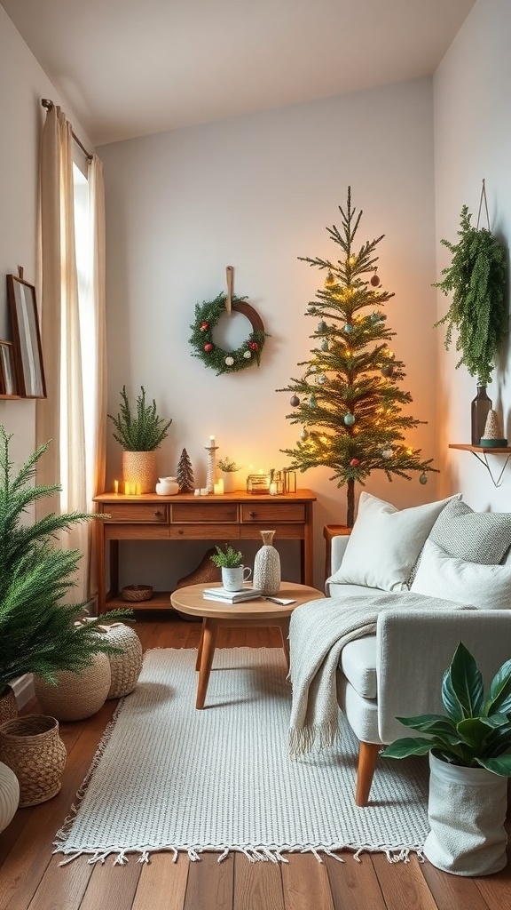 A cozy Scandinavian living room decorated for Christmas with a wooden coffee table, linen sofa, and a small Christmas tree.